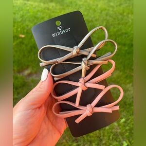 Metallic Silver & Pink Bow Leather Cord Hair Clips 4 Pack Windsor NWT